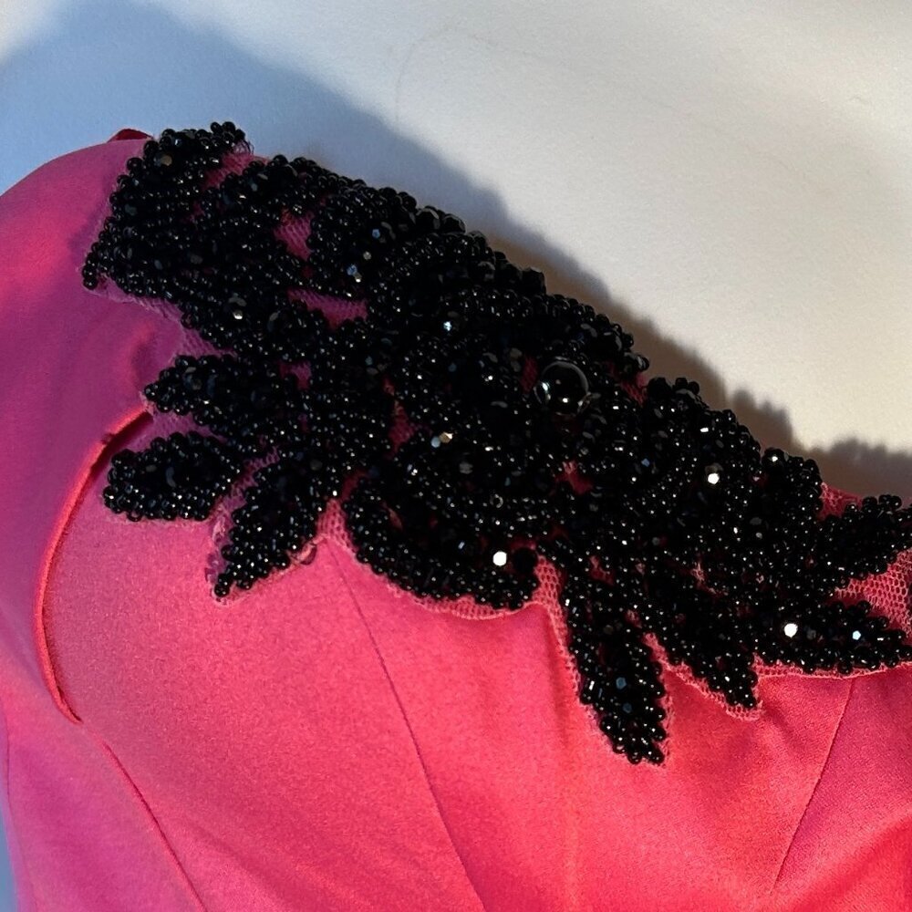 Angela & Alison SZ 0 Hot Pink satin dress black beading party formal prom retro - Picture 5 of 11